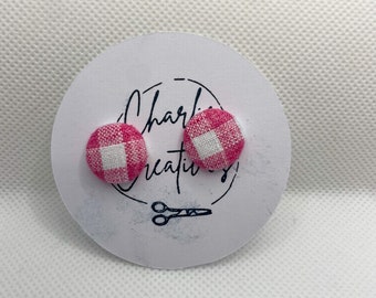 Pink Gingham Handmade 15mm Fabric Stud Earrings with Surgical Steel Posts