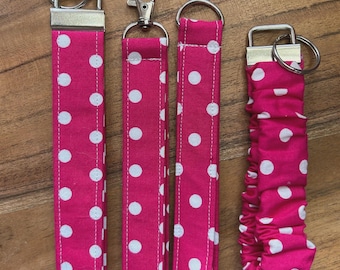 Pink Polka Dot Fabric Wristlet Keychain | Handmade Key Fob Strap