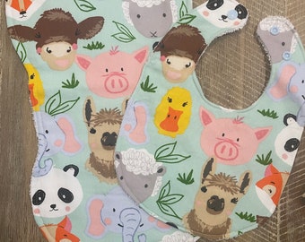 Charming Farm Friends Bib & Burp Cloth - Handmade Cotton Drill and Terry Towelling Bibs with Adorable Animal Patterns