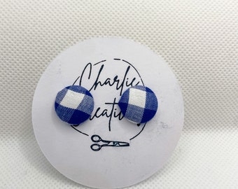 Blue Gingham Handmade 15mm Fabric Stud Earrings with Surgical Steel Posts