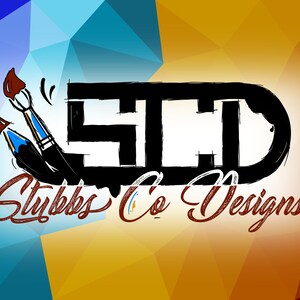 May include: A logo for a design company called "Stybbs Co Designs". The logo is black and white and features the letters "STD" in a bold, stylised font. The logo is surrounded by a colourful abstract background.
