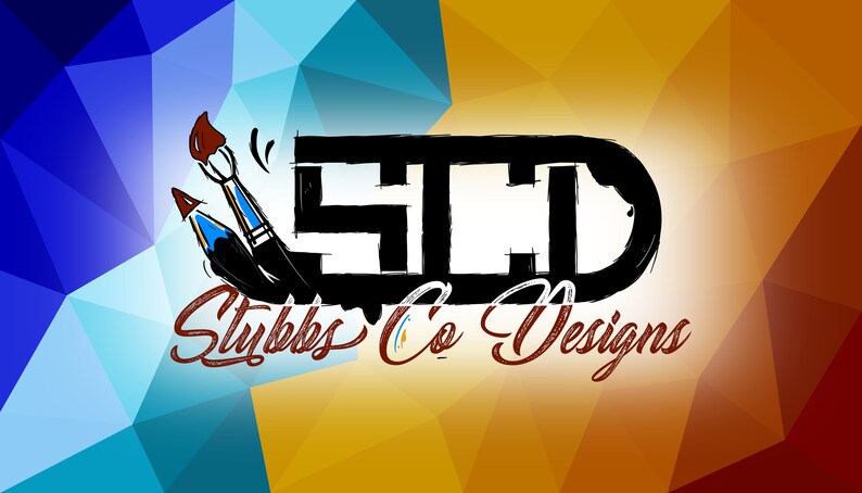 May include: A logo for a design company called "Stybbs Co Designs". The logo is black and white and features the letters "STD" in a bold, stylised font. The logo is surrounded by a colourful abstract background.