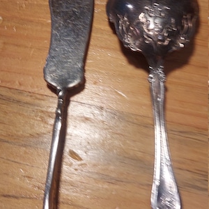 Roger brothers&#39; grape pattern xs triple,2 pc serving set silverplate , 1 casserole spoons and 1 butter knife ornately embossed