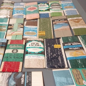 Twenty vintage Rick Rack and seam binding packages, most are still sealed in original package , Wrights, J. & P. Coats