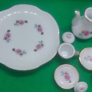 Vintage 10 piece miniature china tea set, doll accessories, floral design