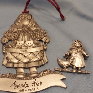 vintage Ladie and friends inc. Pewter ornament and pin/brooch -1996 lady holding basket of kitties,lady and duck