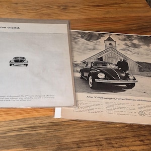 May include: Two vintage Volkswagen advertisements. One features a black VW Beetle on a white background. The other shows a black VW Beetle parked in front of a church, with a man standing nearby. Text reads "After 30 Volkswagens, Father Bittman still believes."