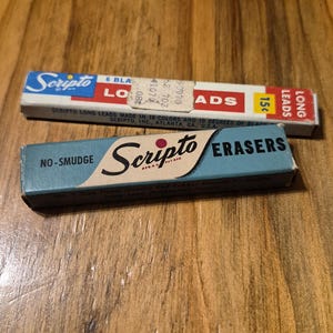 Vintage Scripto long lead black Pencil Lead Refill in wood and cardboard box and no-smudge erasers in cardboard box pre-owned.