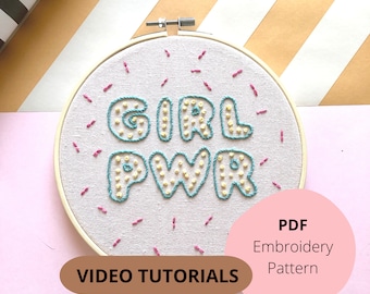 PDF Hand Embroidery pattern, Girl Power Embroidery Design with Video Tutorials