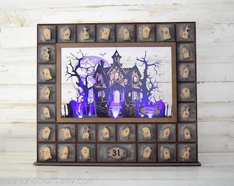 Personalized Halloween Advent Calendar: Light-Up Vintage Sketch Style Haunted House, Spooky Countdown