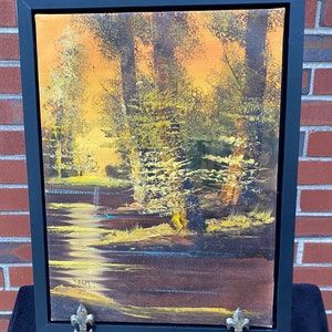 Original Oil Decorative Painting on Canvas in Floating Frame, Sunset Forest Stream Trees Painting, Impressionist Style, Signed Baum 12x16