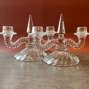 Vintage Pair of Fostoria Colony Swirl Spearhead Two-Arm Crystal Candle Holders Candelabra 1940s