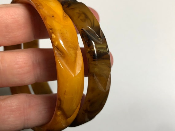 Bakelite Marbled Bangle Bracelets, Yellow Bakelit… - image 3