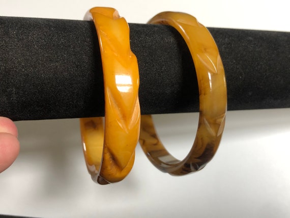 Bakelite Marbled Bangle Bracelets, Yellow Bakelit… - image 6