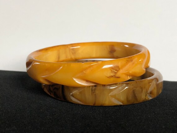 Bakelite Marbled Bangle Bracelets, Yellow Bakelit… - image 2