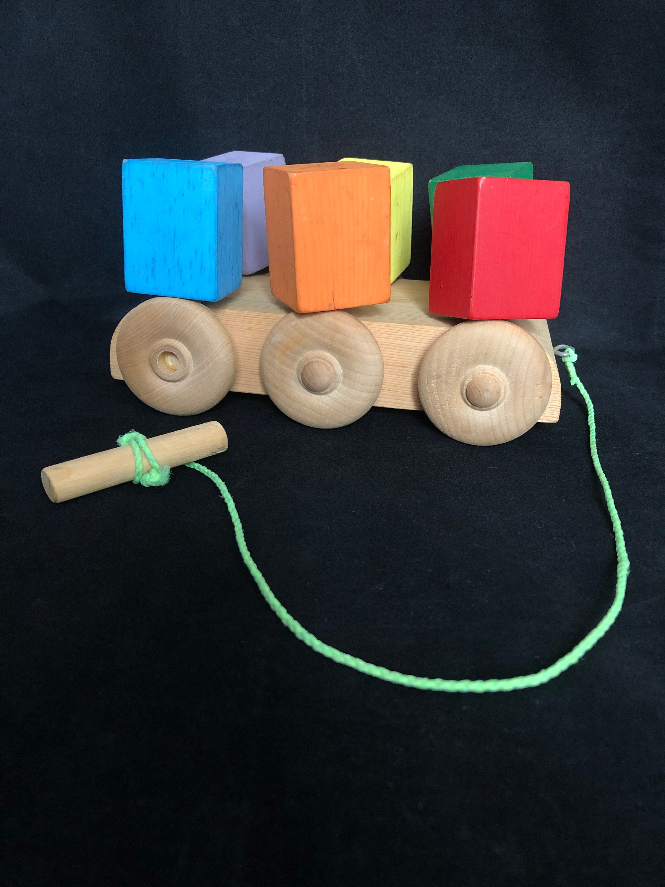 Wooden Pull Toy Wagon With Spinning Blocks Vintage Wooden Etsy