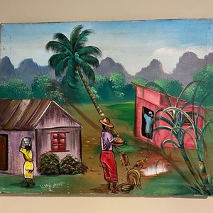 Vintage Haitian Oil Painting Unframed, Signed Original Artwork Stretched Canvas, Haitian Farm