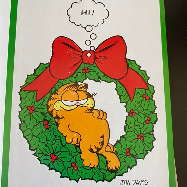 5-Pack of Unused Garfield Christmas Card Vintage Jim Davis Garfield Card on Holly Christmas Wreath Holiday Card