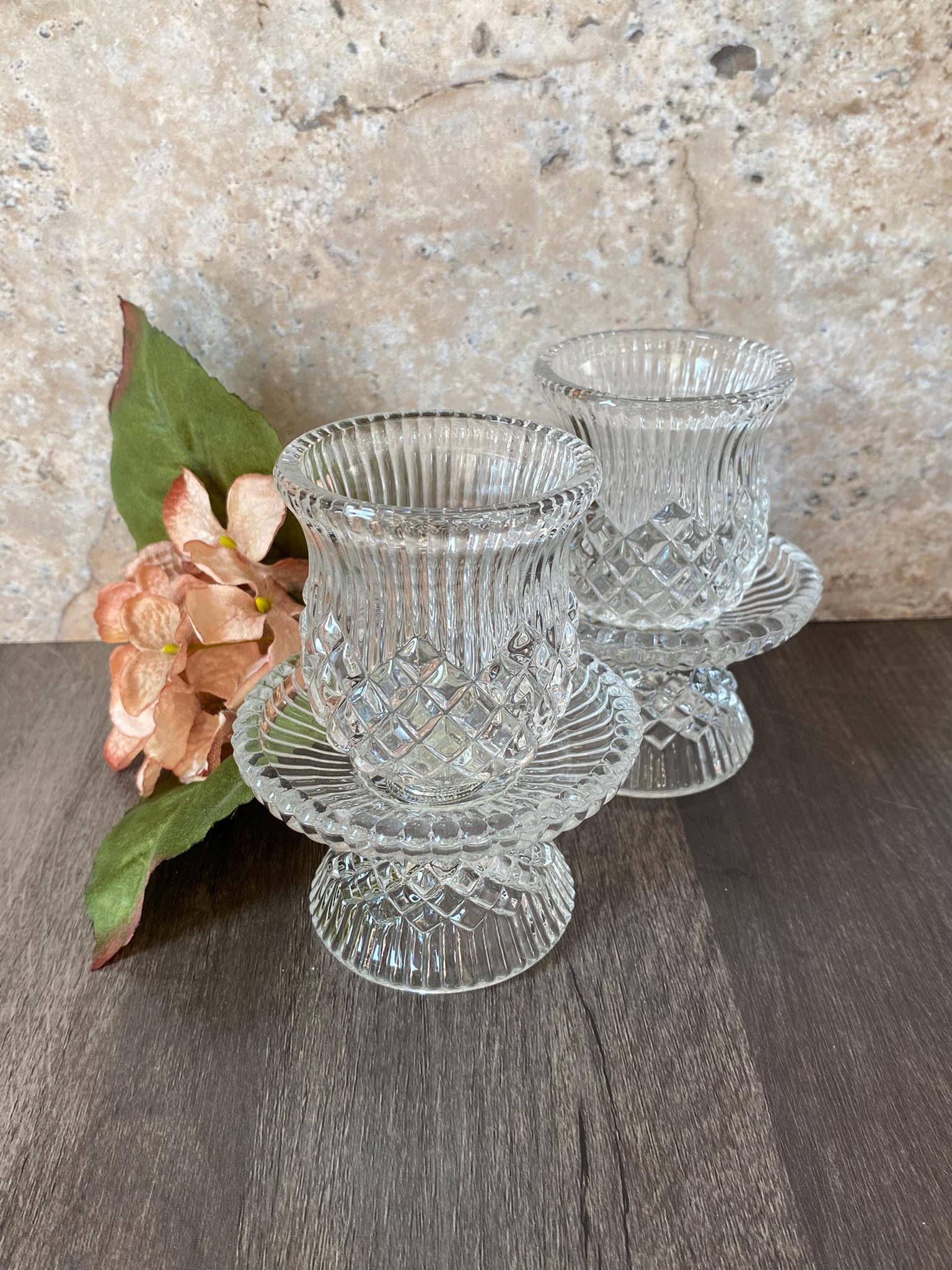 vintage * turip candle holder 2点セット Single Art Deco Vintage Clear Glass Tulip Double Candle