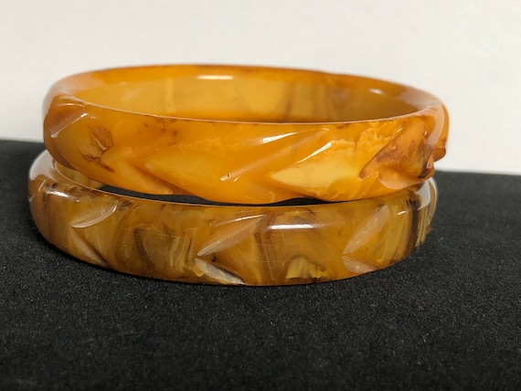 Bakelite Marbled Bangle Bracelets, Yellow Bakelit… - image 1