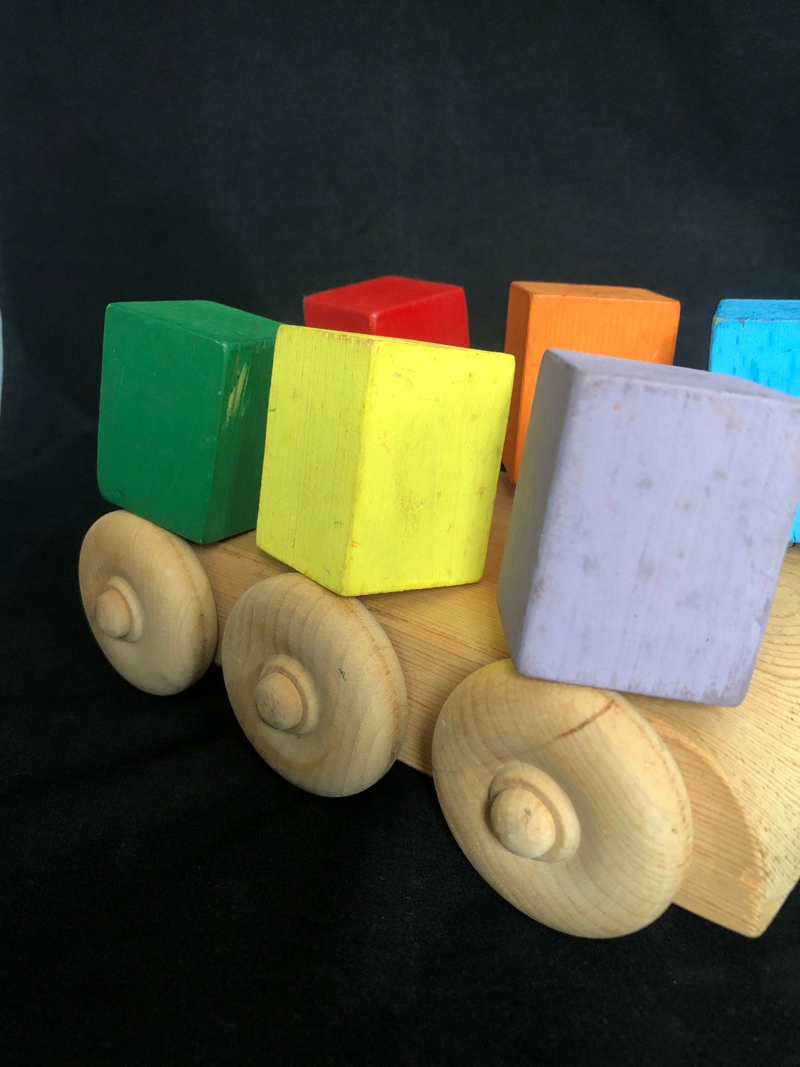 Wooden Pull Toy Wagon With Spinning Blocks Vintage Wooden Etsy