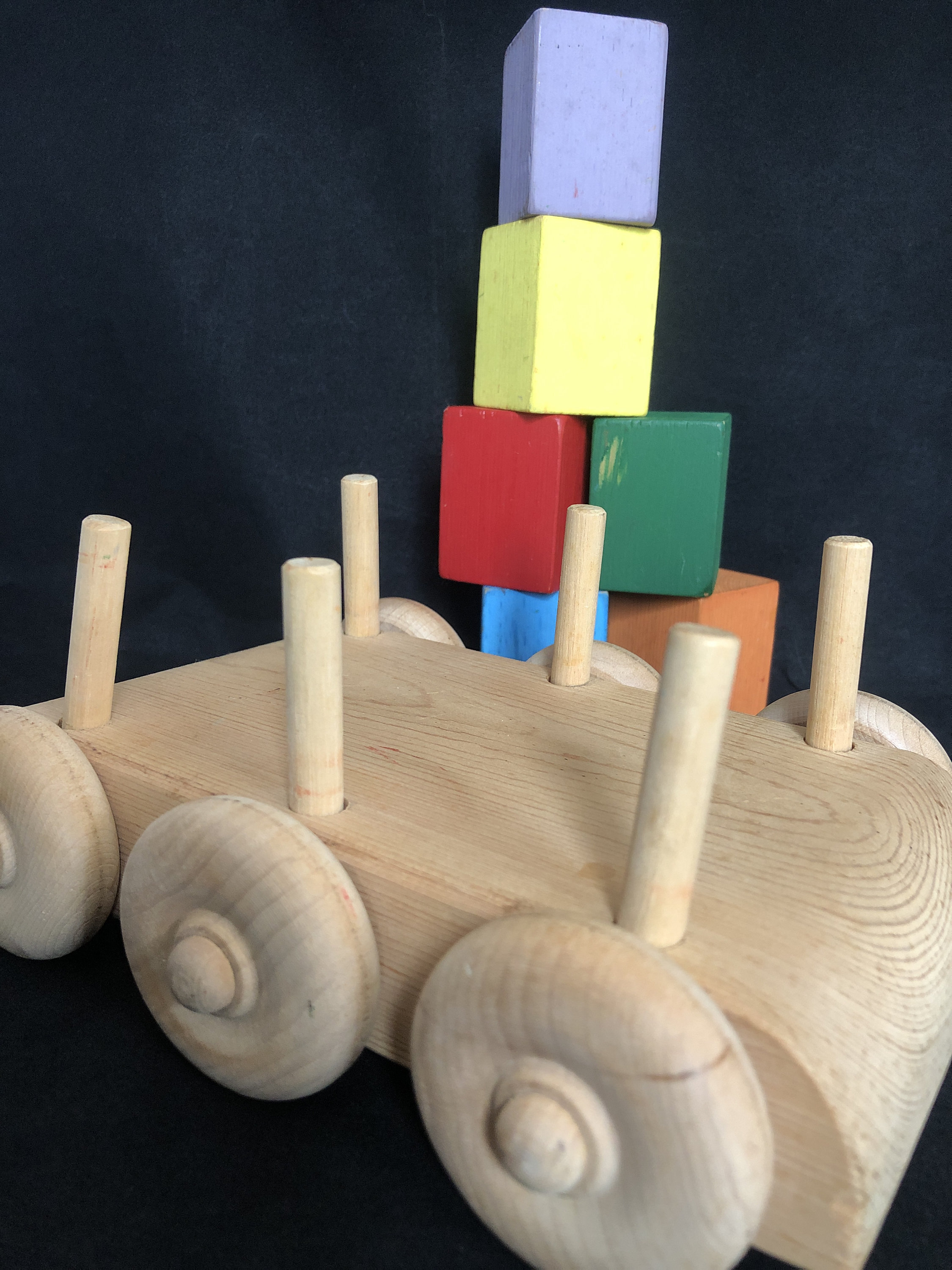Wooden Pull Toy Wagon With Spinning Blocks Vintage Wooden Etsy