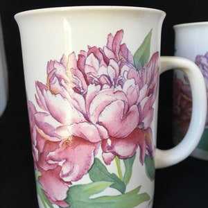 Vintage Coffee Cup / Teacup, &quot;Peonies&quot; by Potpourri Press, 1991 Vintage Mug, Made in Korea, Artist Kathlene Obringer