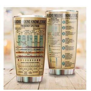 May include: A stainless steel tumbler with a brown and white design. The tumbler features a diagram of the frequency spectrum and a guide to audio mixing knowledge. The text on the tumbler includes "Audio Mixing Knowledge", "Frequency Spectrum", "Rule 1: Cut Rather Than Boost", "Rule 2: Broad Boosts, Narrow Cuts", "Normal Range of Human Hearing", "Dissecting the Mixing Board", "Step by Step Mix Translation", "Mono", "Stereo Tweek", "Check Bass", "Earbuds", "Tweek", "Peer Review", "Client Input".