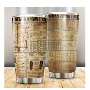 Op de afbeelding: Een roestvrijstalen beker met een bruin en wit ontwerp met een diagram van een elektriciteitsmastlijn en informatie over de kennis van lijnwerkers. De tekst "Lineman Knowledge" staat op de beker gedrukt.