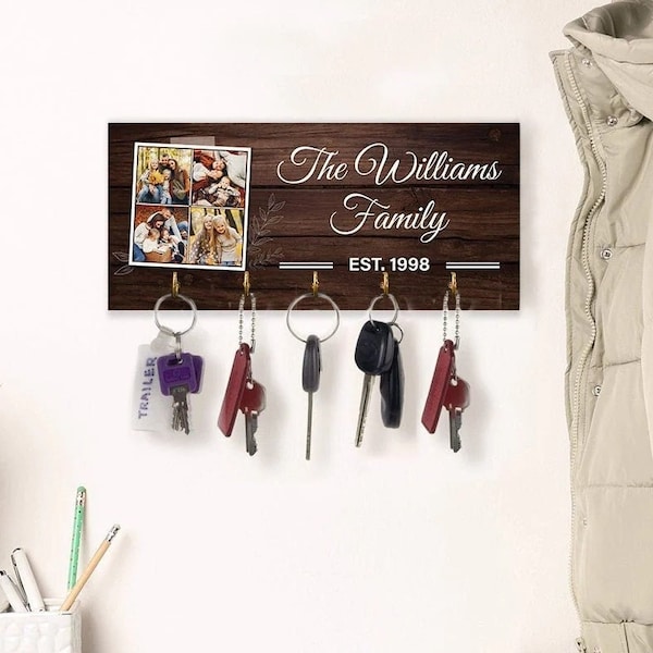 Personalized Key Hook For Wall, Custom Name Photo Family, Family Name Sign, Housewarming Gift, Christmas Gift For Home, Family Key Holder