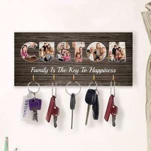 Gancho de llave personalizado, foto personalizada en texto, colgador de llaves para pared, familia de fotos personalizada, letrero familiar, regalo de inauguración de la casa, regalo de Navidad en el hogar