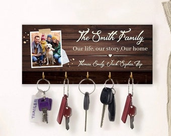 Family Key Holder, Personalized Key Hook For Wall, Our Life, Our Story, Our Home, Custom Photo And Name, Christmas Gift, Family Name Sign