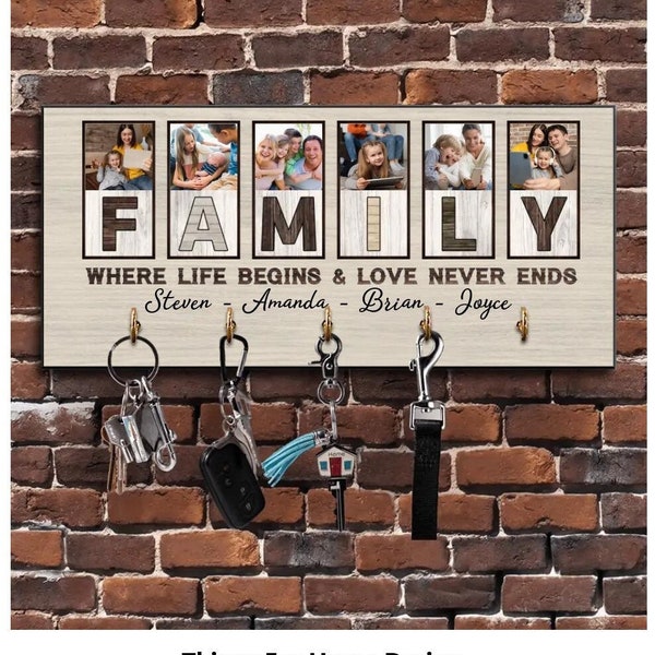 Porte-clés personnalisé en bois, famille là où la vie commence et l'amour ne s'arrête jamais, accroche-clés pour mur, photo personnalisée cadeau de famille, nom de famille