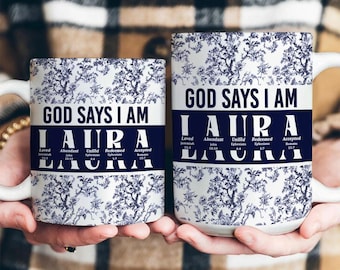 Tazza da caffè cristiana personalizzata: Dio dice che io sono, tazza con versetto biblico e motivo floreale, regalo per la mamma, regali per cristiani, regali per pastori, regali per lei