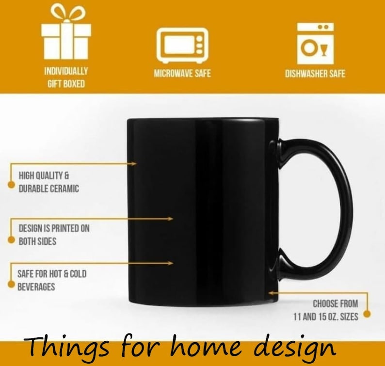 May include: Black ceramic coffee mug with a white outline around the rim and handle. The mug is microwave and dishwasher safe. It is individually gift boxed and comes in 11 and 15 ounce sizes.
