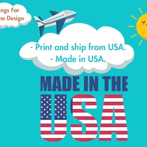 Puede incluir: Un dise&ntilde;o gr&aacute;fico con un avi&oacute;n azul volando sobre una nube blanca con el texto "Things For Home Design" y "Print and ship from USA. Made in USA." El gr&aacute;fico tambi&eacute;n incluye un sol amarillo con una cara sonriente y el texto "MADE IN THE USA" con las letras en rojo, blanco y azul.