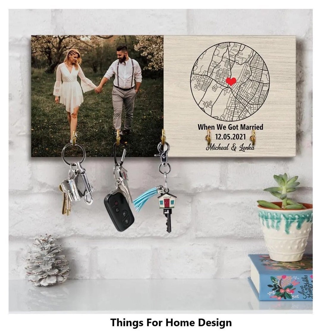 Personalized Wooden Key Holder Hanger, Custom Photo and Map Sign, Best ...