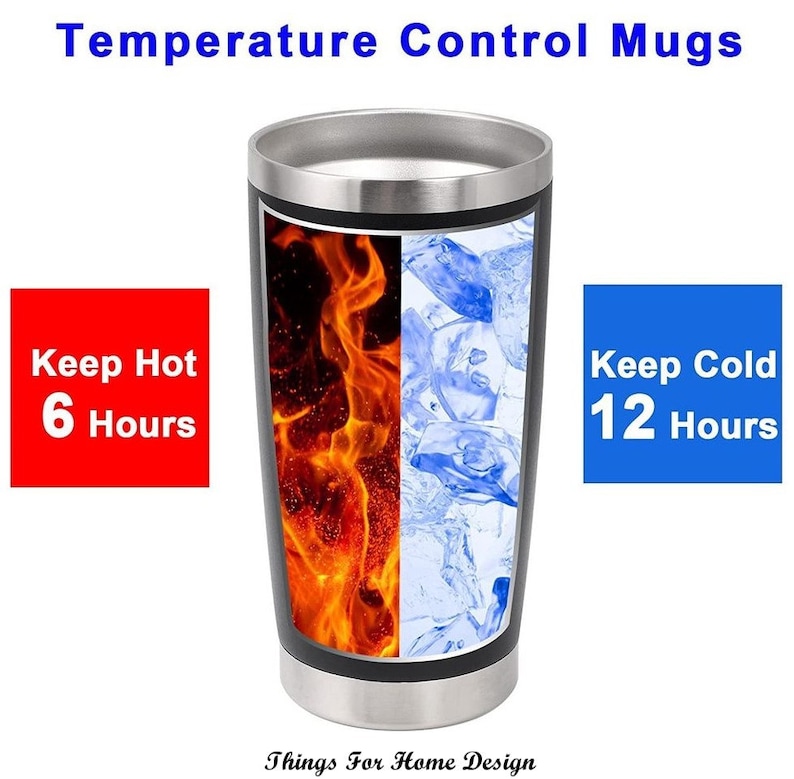Puede incluir: Taza de viaje de acero inoxidable con tapa negra y un gr&aacute;fico de llamas en un lado y cubitos de hielo en el otro. La taza tiene texto que dice "Keep Hot 6 Hours" y "Keep Cold 12 Hours".