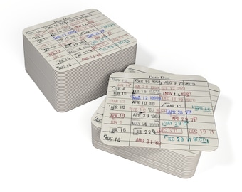May include: A stack of vintage library card style date due slips with handwritten dates. The top slip reads "Date Due" and has dates from November 16th to August 31st.