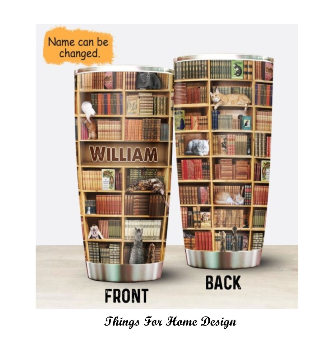Library Tumbler, Personalized Tumbler, Book Lover Mug, Bookshelf Cat ...