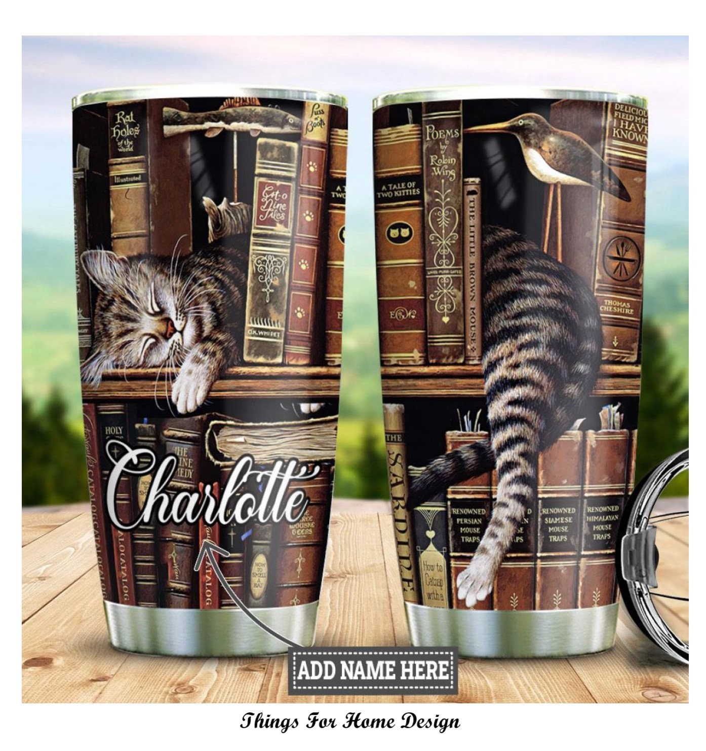 Personalized Tumbler, Bookshelf Cat Gift, Librarian Gift, Book Lover Gift, Cat Lover Gifts, book reader gift, Gifts For Her, bookish tumbler