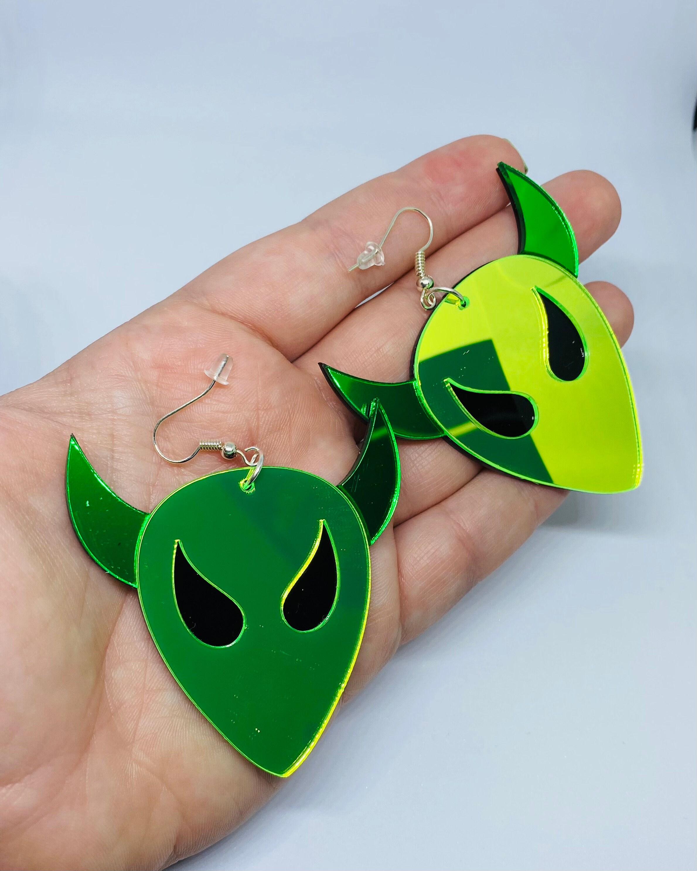 Neon Green Mirror Alien Devil Laser Cut Acrylic Earrings Etsy