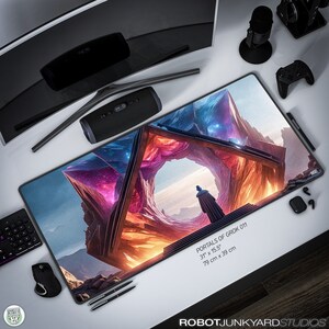 May include: A rectangular mousepad with a vibrant, fantasy landscape design. The artwork features a geometric portal with colorful, crystalline structures. The mousepad is 31 inches by 15.5 inches. The text "PORTALS OF GROK 011" is visible.