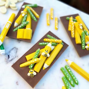Back to School Chocolate Bar – Edible Pencils & Bees – Teacher Gift – Cute Chocolate Favor – Handmade Novelty Chocolate – Kids Party Treat