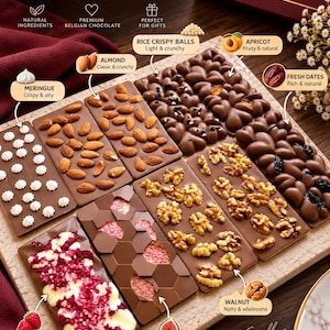 May include: A collection of 10 chocolate bars labeled choco.tat, featuring various toppings including almonds, rice crispy balls, apricots, fresh dates, meringue, walnuts, dried raspberries, and dried figs, arranged on a textured surface.