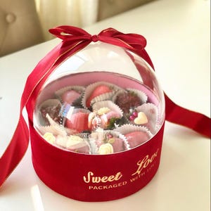Chocolate covered strawberries, beautiful red package, 12 strawberries inside. Custom color.