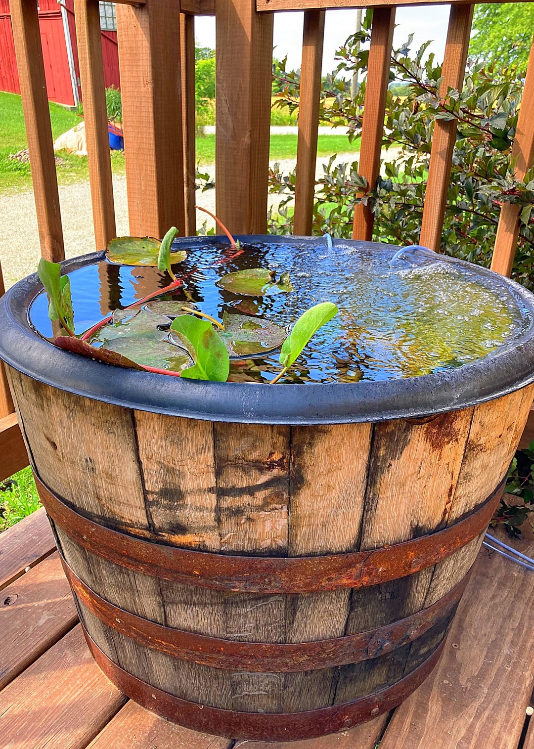 Bubbling Whiskey Barrel Goldfish Pond Oak Barrel Patio Pond Etsy