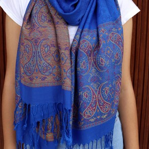 Umay Cashmere Jacquard Shawl with Fringes –Sapphire Blue – 70x180 cm