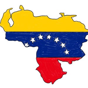 May include: An outline of Venezuela in yellow, blue and red, showing the colours of the Venezuelan flag and the stars of the country's coat of arms.