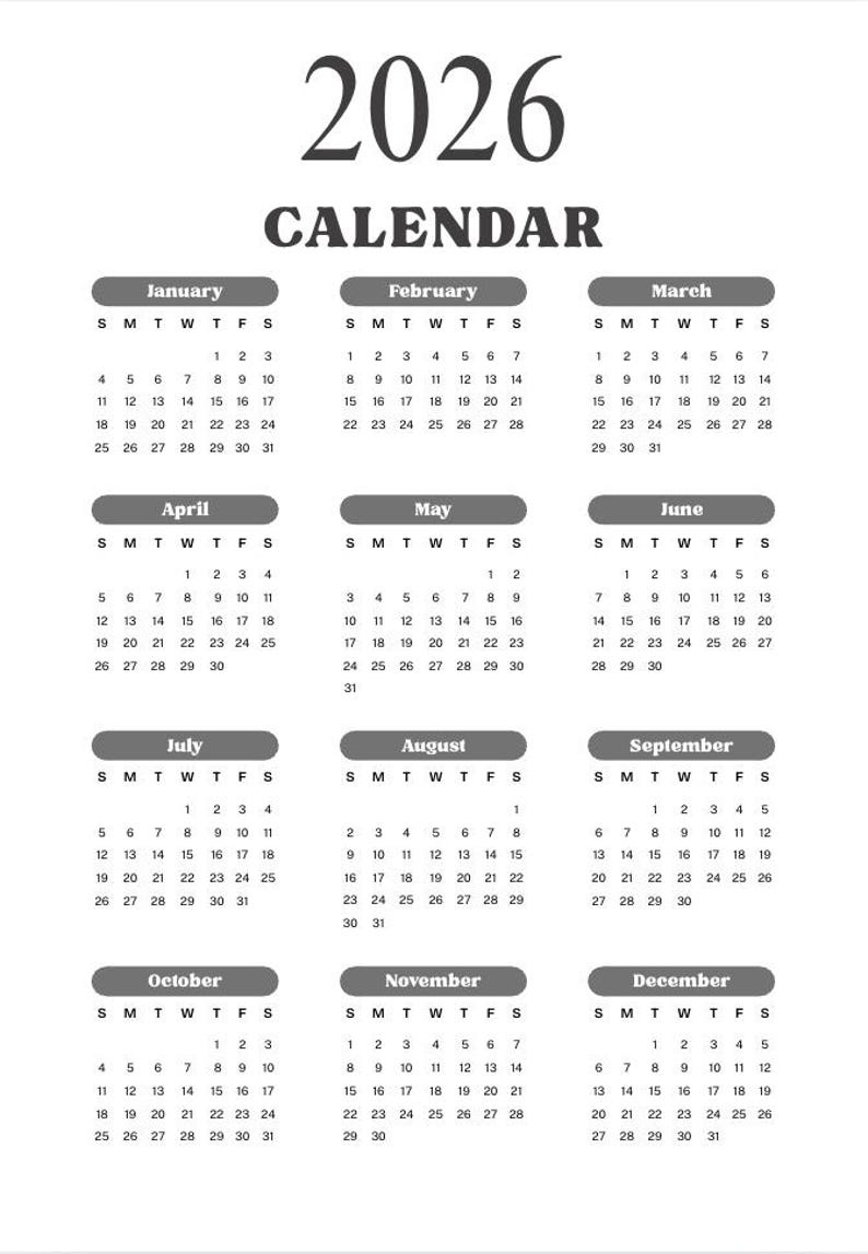 2026 Printable Calendar | Monthly Digital Calendar PDF | Modern Minimal ...